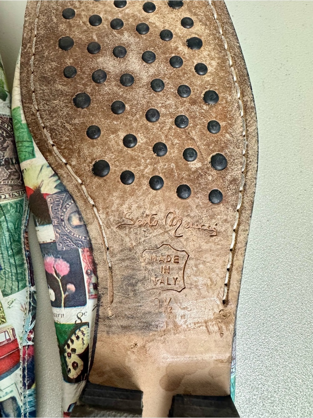 Vintage Sesto Meucci Made In Italy Postage Stamp Print Moccasins Mules Size 9.5 - Picture 10 of 12